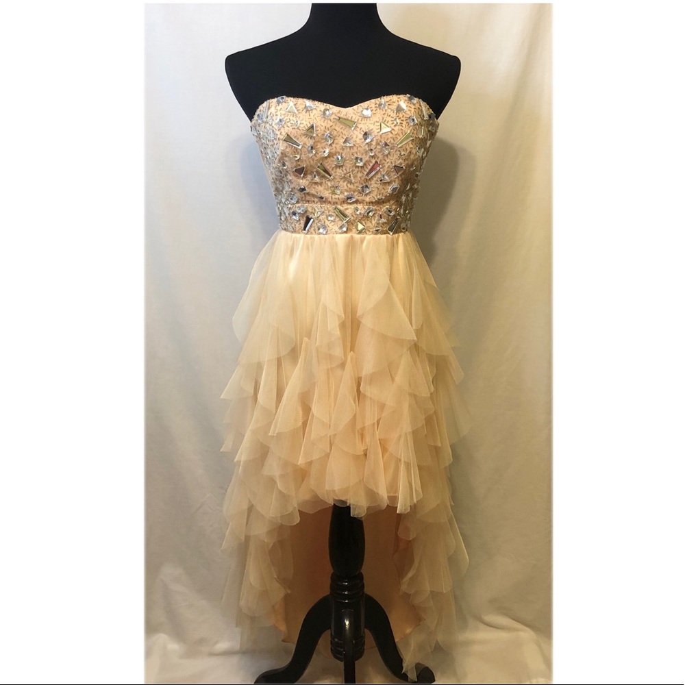 Alex & Sophia Peach High Low Strapless Prom Dress